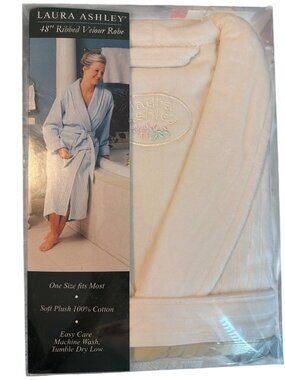 Vintage Laura Ashley 48" Ribbed Velour Robe 100% Cotton Shawl Collar One Sz NEW